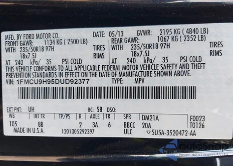 2013 Ford Escape Sel z USA, uszkodzony, nr VIN 1FMCU9H95DUD92377